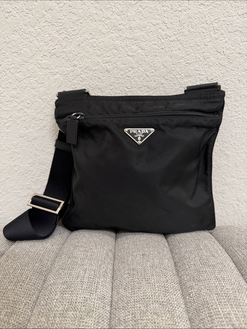 Prada Black Nylon Messenger Crossbody with Logo Plate